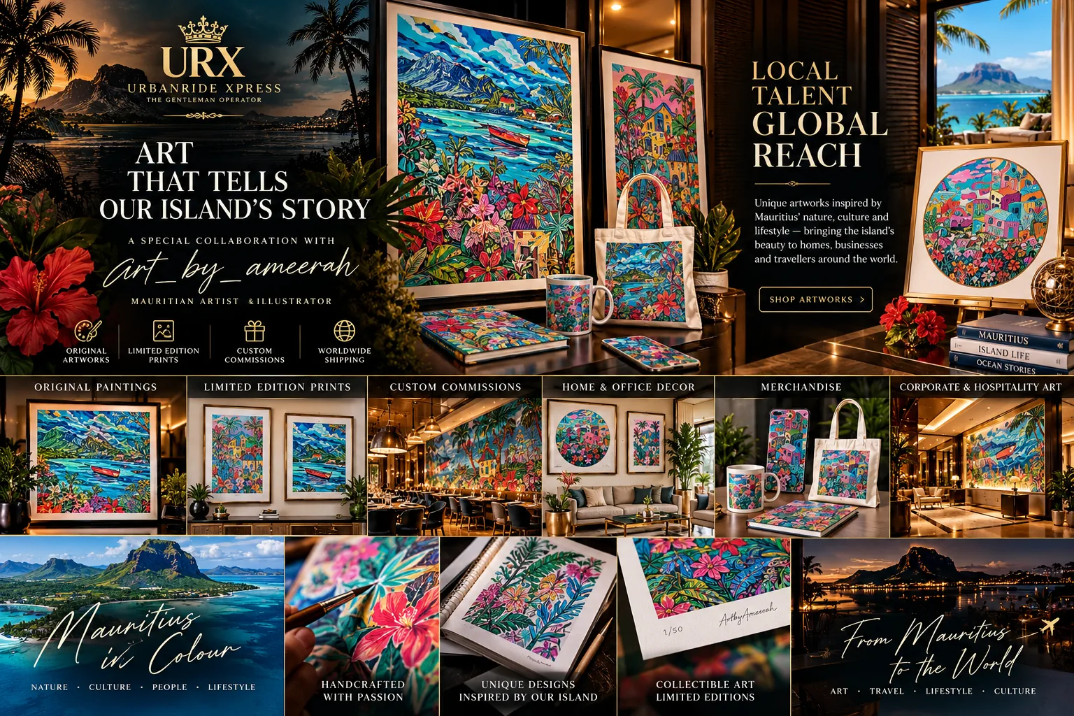 Mauritian landscape artwork displayed alongside tropical botanical designs