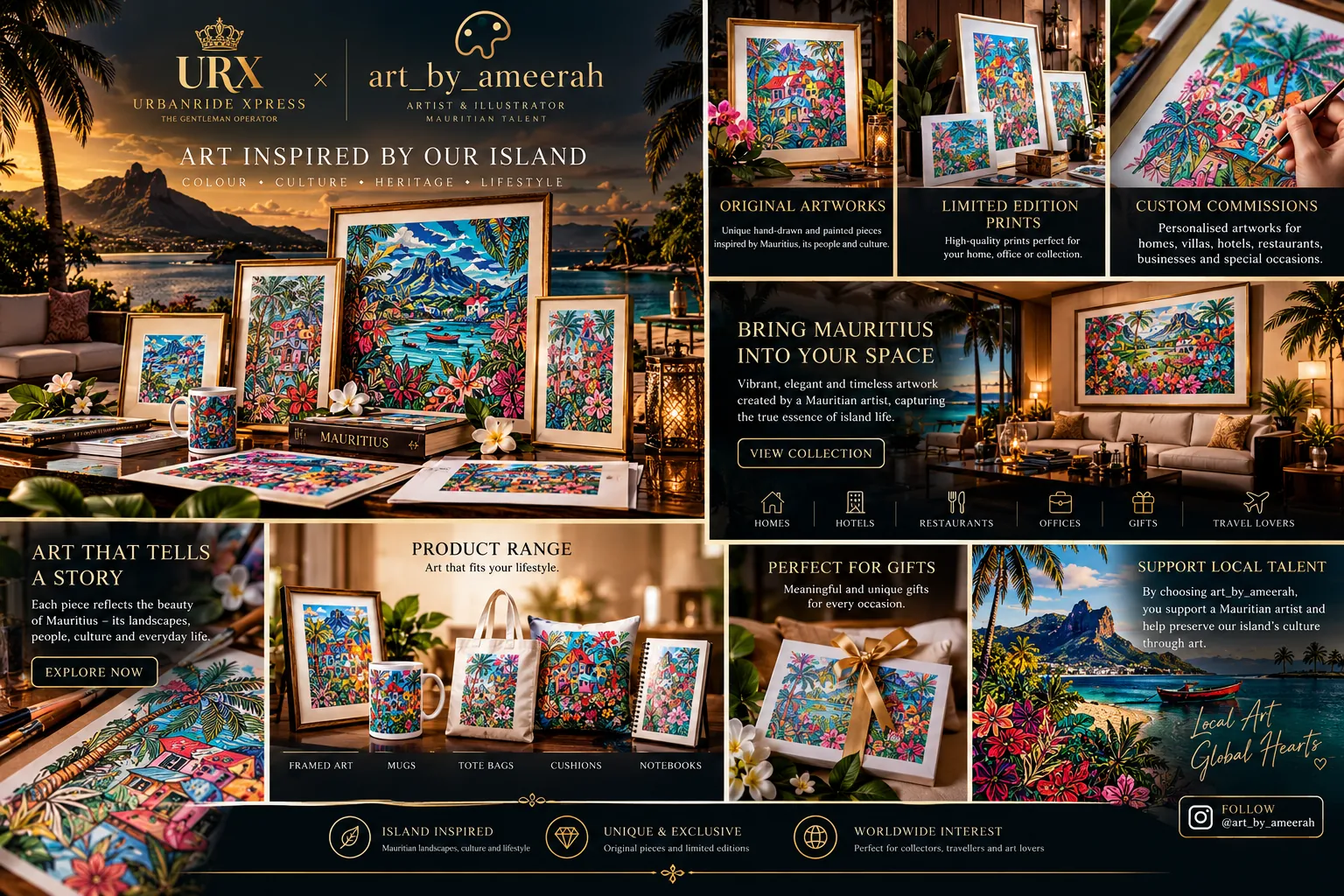Island inspired artworks and merchandise showcase in vintage styled interiors