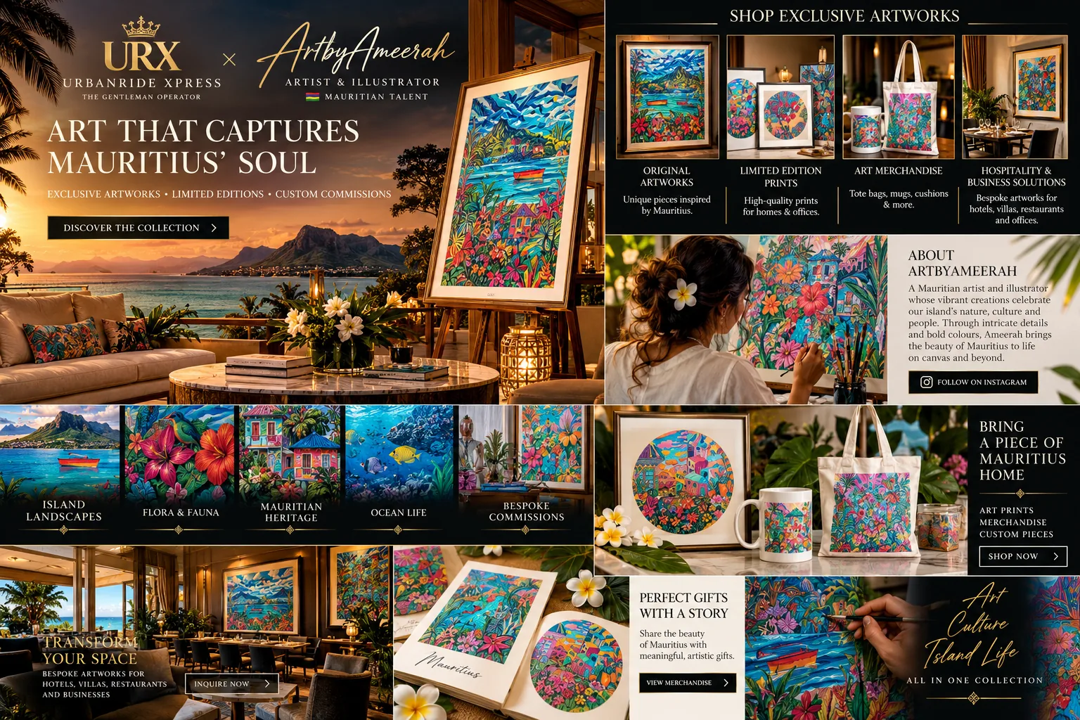 Colourful Mauritius-inspired landscapes and botanical paintings in decorative frames